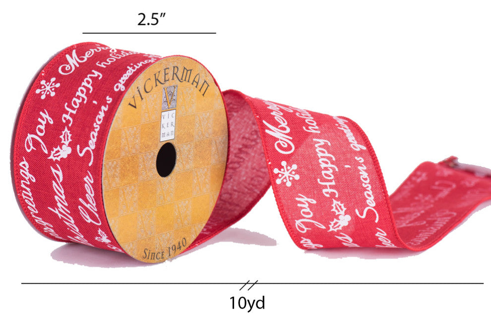 Vickerman Q170051 Yard Red Woven Wired Edge Ribbon