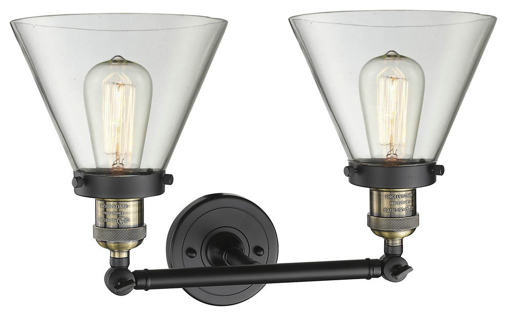 2-Light Large Cone 18" Bath Fixture, Black Antique Brass, Glass: Clear
