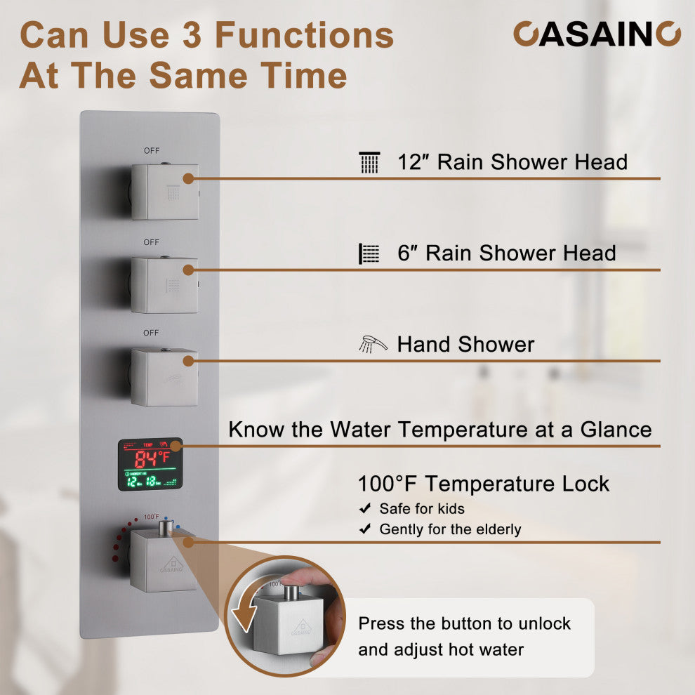 12inch Luxury Shower Dual Shower Head System With LED Light and Bluetooth, Brushed Nickel