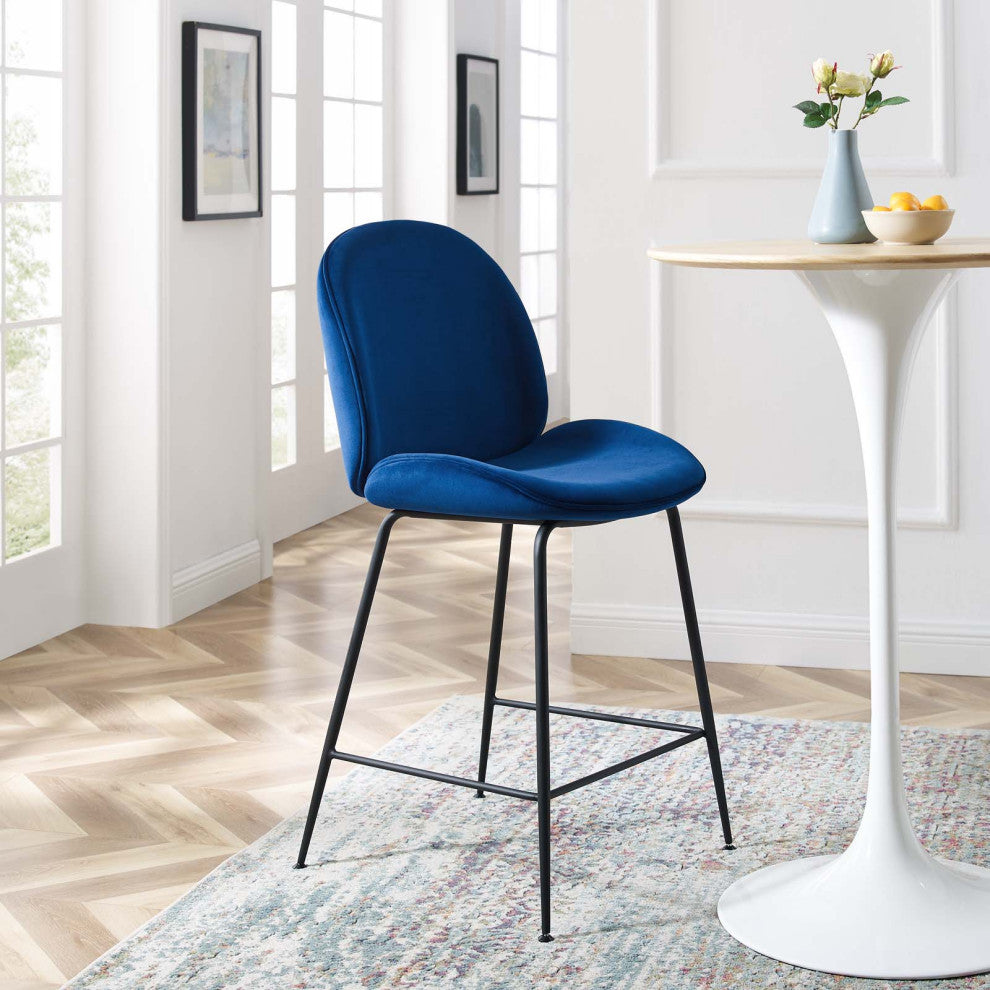 Counter Stool Chair, Velvet, Metal, Blue Navy, Modern, Bar Pub Bistro Restaurant