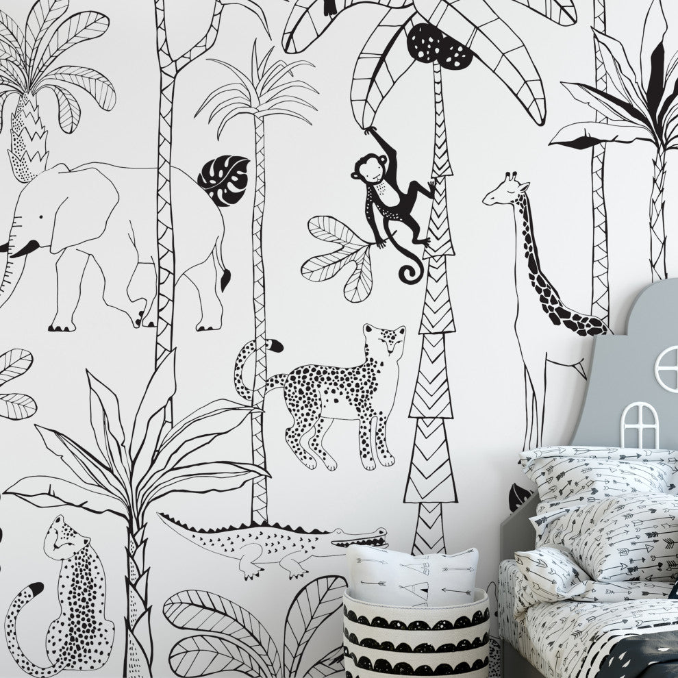 Safari Jungle Illustration Peel and Stick Vinyl Mural, Black, 24"x108", 6 Panel Set
