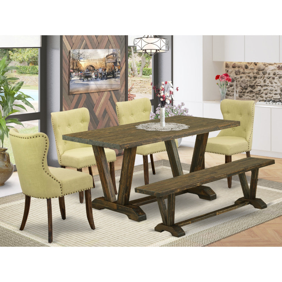 6-Piece Dining Set, 4 Chairs, Table and Dining Bench, Jacobean