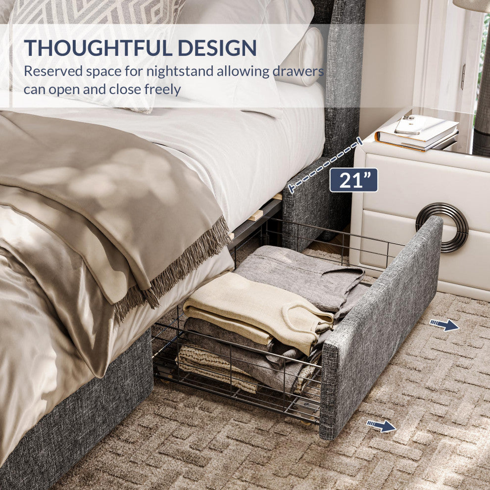 King Bed Frame with Headboard 4 Storage Drawers - Gray