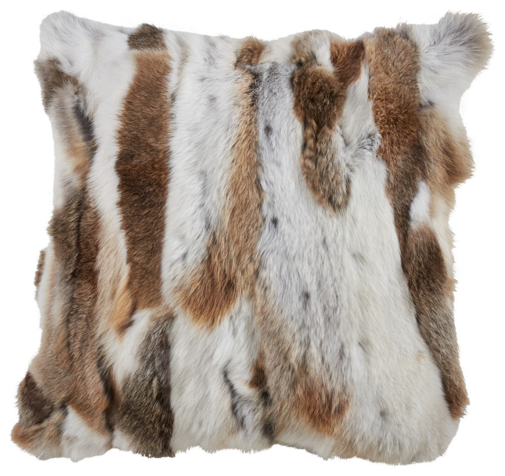 Poly Filled Rabbit Fur Throw Pillow, 16"x16", Natural