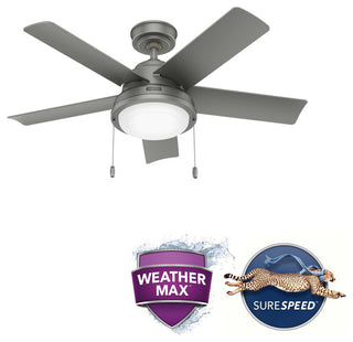 Hunter Seawall Wet Rated Ceiling Fan, LED Light Kit, Pull Chain, Matte Silver