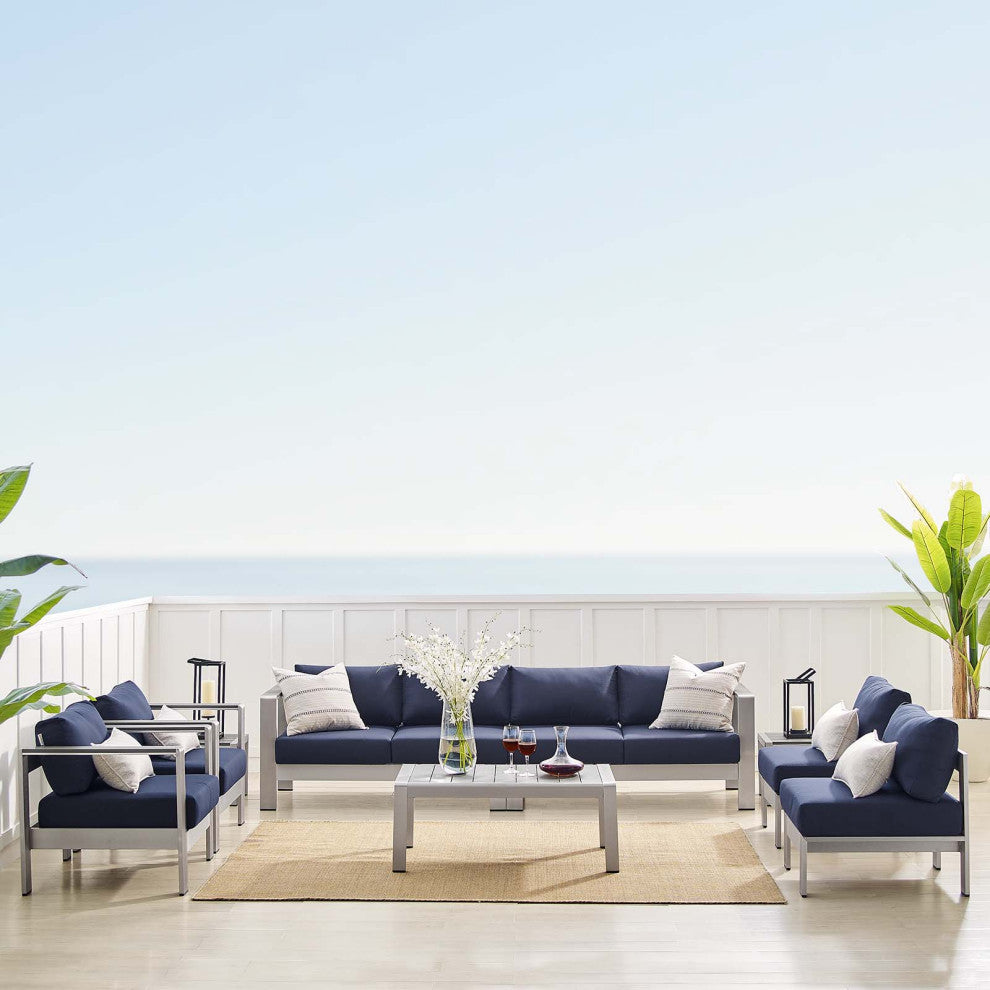 Sectional Sofa Chair Table Set, Sunbrella, Aluminum, Silver Blue Navy, Outdoor