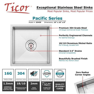 16" Zero Radius Undermount 16-Gauge Stainless Steel Kitchen and Bar Sink, Sink W