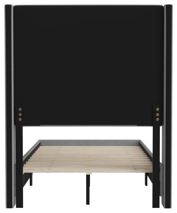 Quinn Upholstered Platform Bed with Channel Stitched Wingback Headboard, Gray, Twin