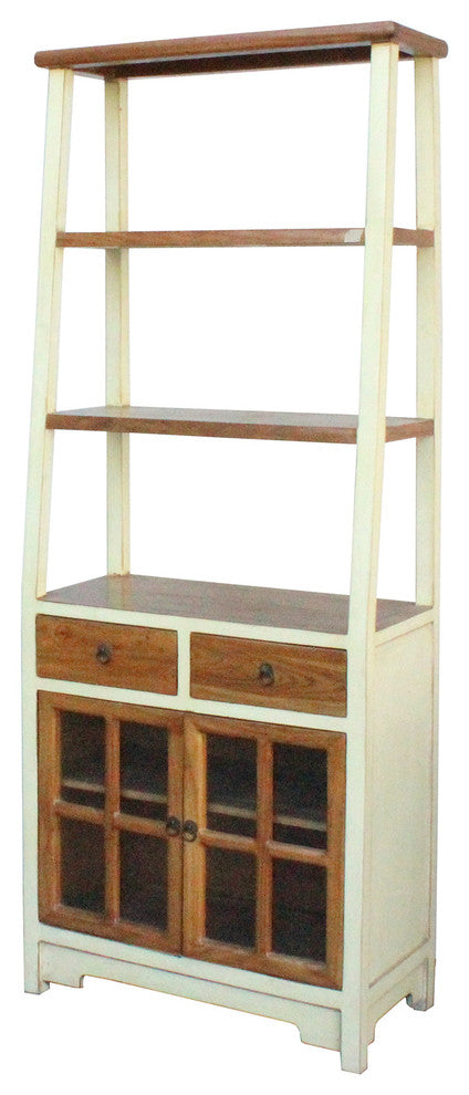 Oriental Cream White Brown Glass Door China Bookcase Cabinet Hcs4173