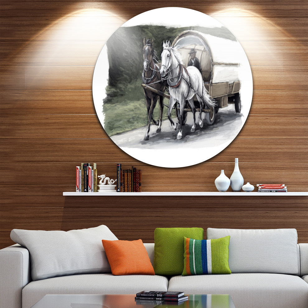 Horse Cart Black And White, Animal Painting Round Wall Art, 23"