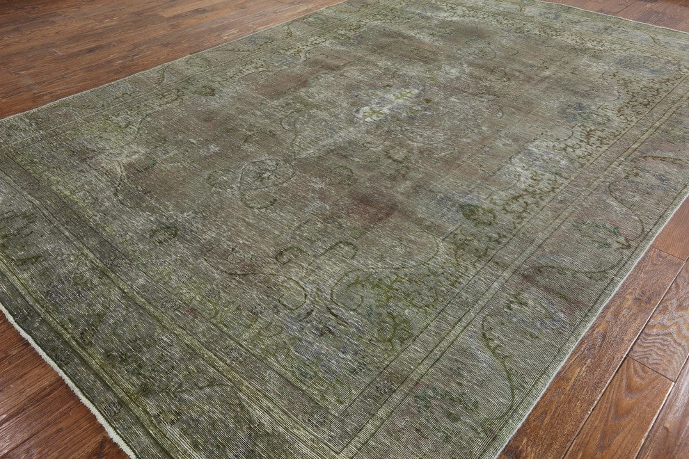 9'x13' Oriental Green Wash Overyded Hand Knotted Wool Floral Area Rug H8882