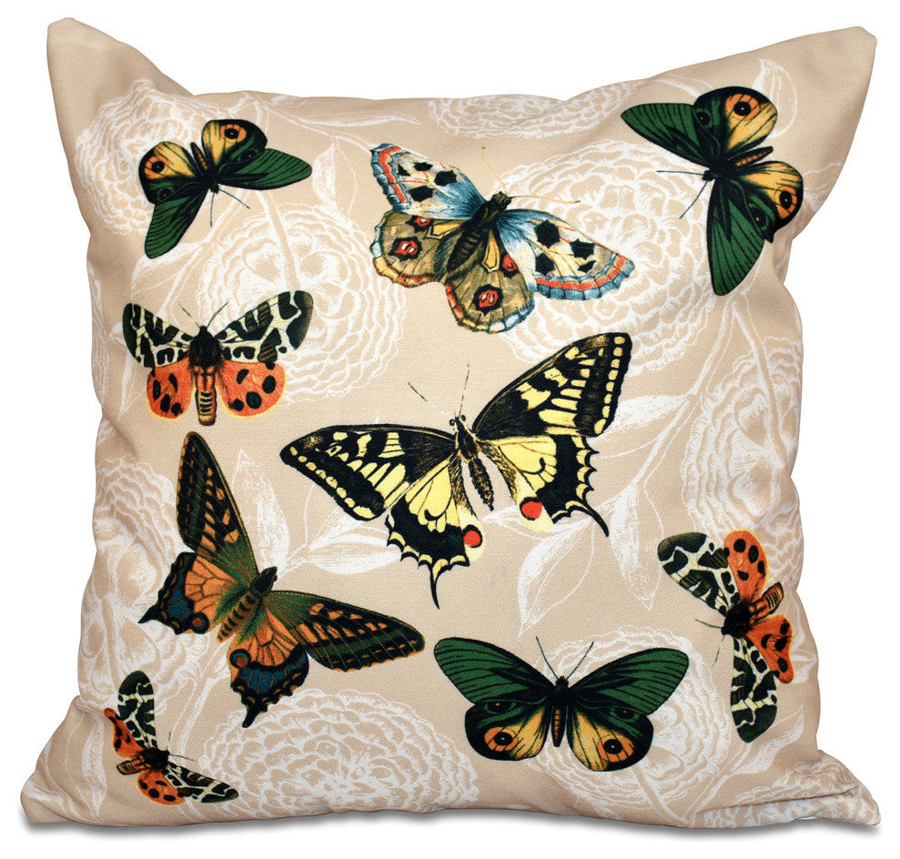 Antique Butterflies And Flowers, Animal Print Pillow, Taupe, 16"x16"