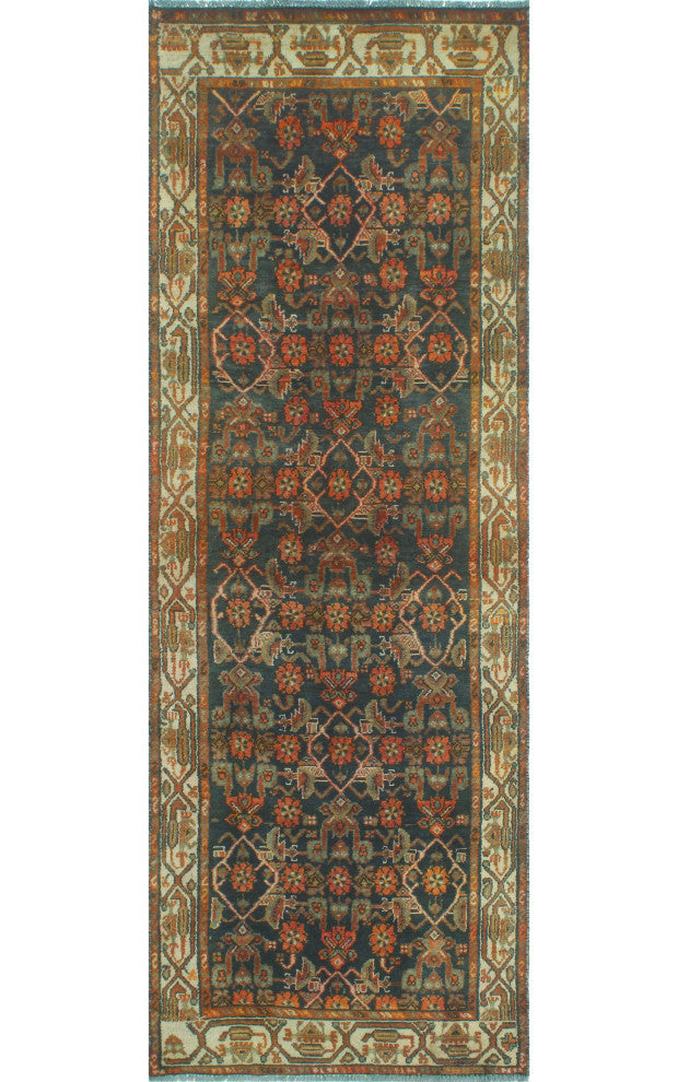 Fine Vintage Distressed Vinsone Navy/Rust Runner, 3'3x9'2