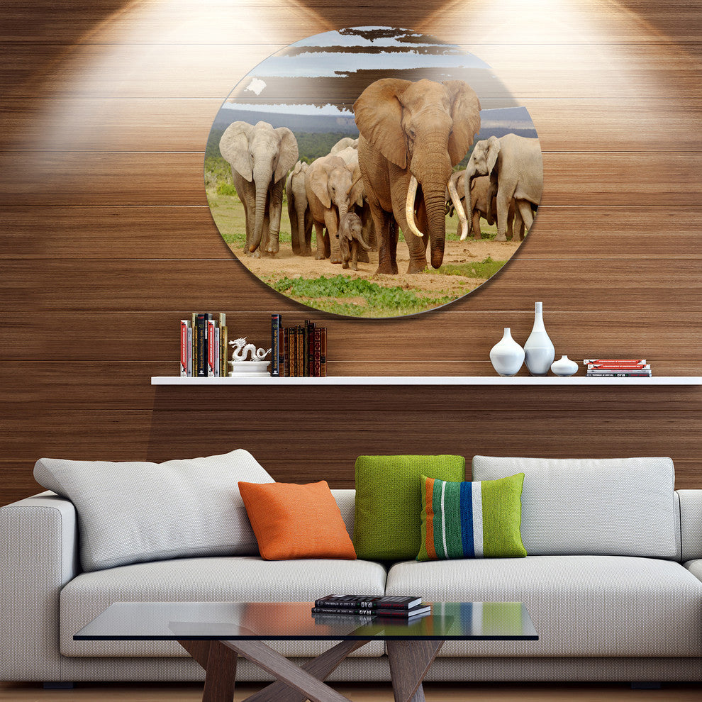 Elephant Herd In Africa, African Disc Metal Artwork, 11"