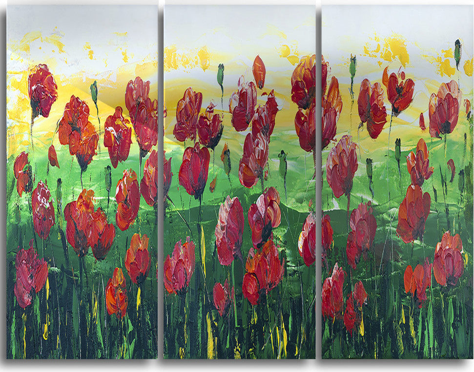 Wild Red Poppies Field Panorama, Modern Landscape Metal Art, 36x28, 3 Panels