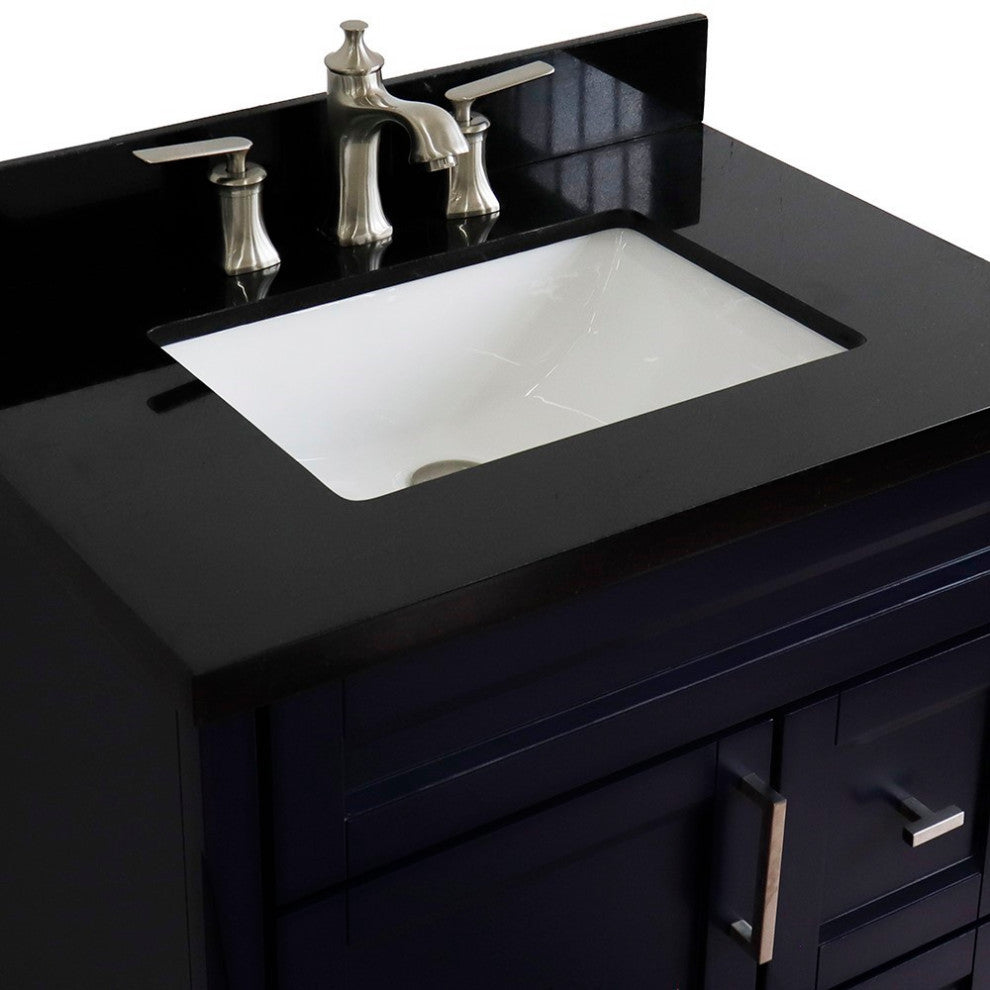 31" Single Sink Vanity, Blue Finish With Black Galaxy Granite