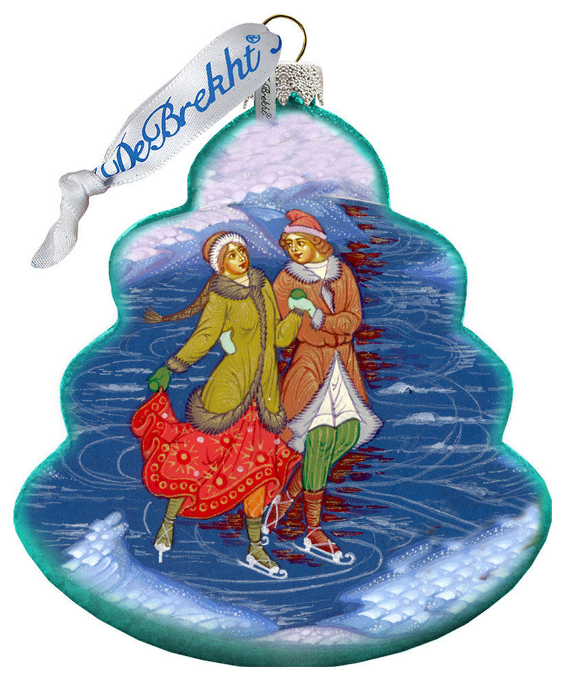 Hand Painted Glass Scenic Ornament, Palekh Skating Couple