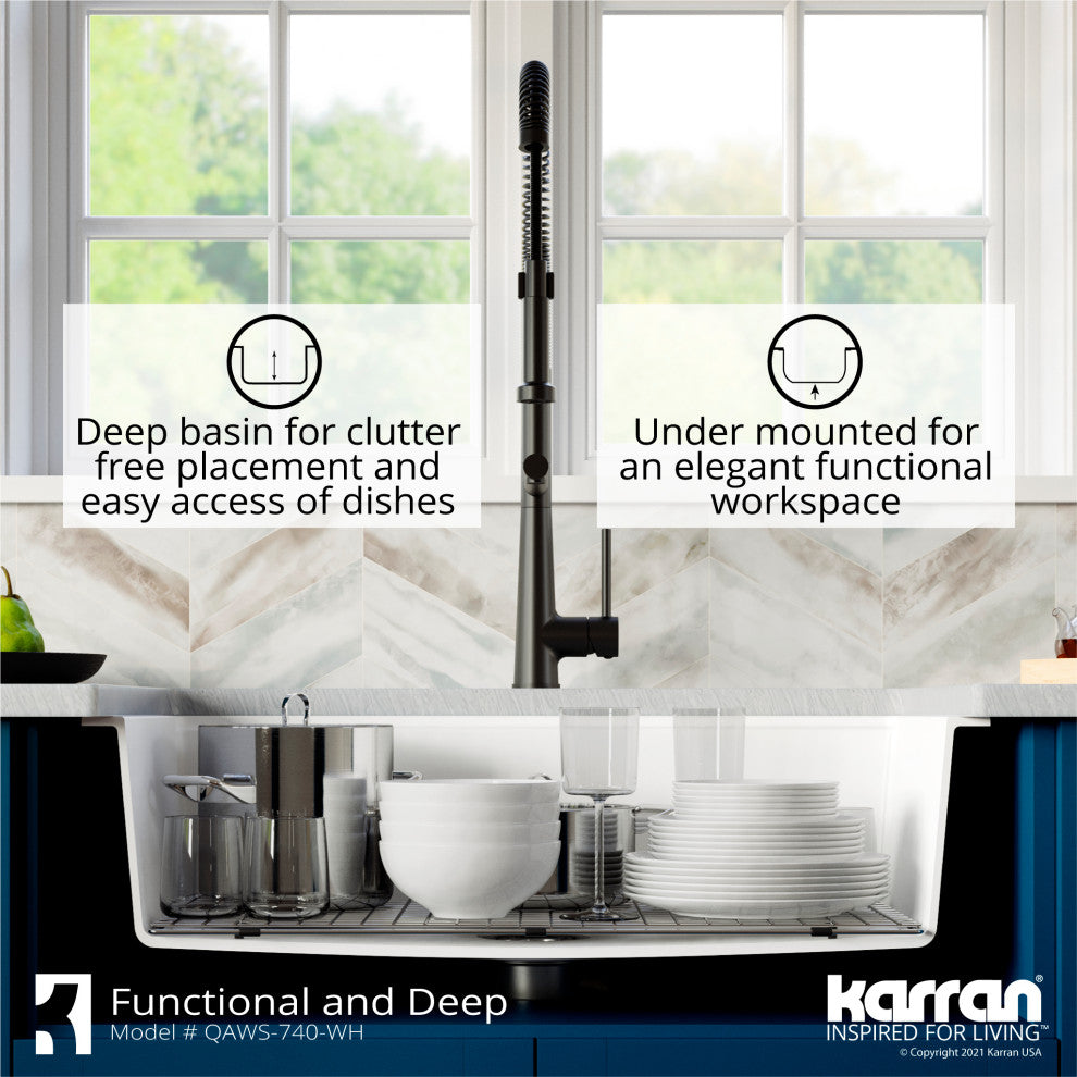 Karran 34" Quartz Farmhouse Single Bowl Workstation Kitchen Sink, White