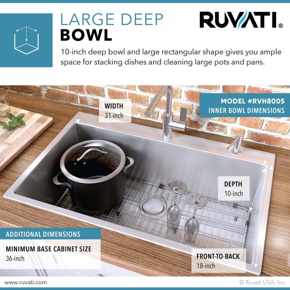 Ruvati RVH8005 33 x 22 Drop-in Tight Radius 16 Gauge Topmount Kitchen Sink