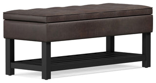 Cosmopolitan Storage Ottoman Bench With Open Bottom, Distressed Brown Faux Leather