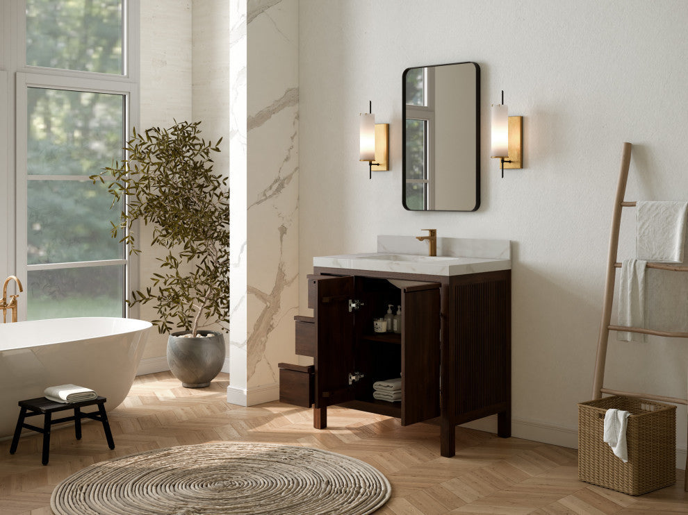Elizabeth 36 Center Sink Bath Vanity in Dark Walnut Teak 2" Calacatta Nuvo