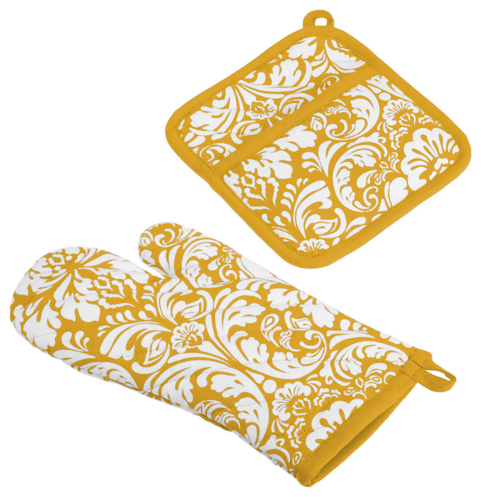 Mustard Damask Oven Mitt & Potholder Set