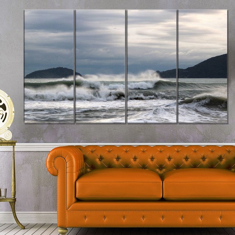 Waves in Lerici Beach Italy, Seascape Canvas Art Print, 48"x28", 4 Panels