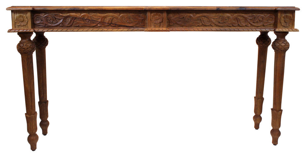 Tigard Console Table in Traditional White Finish on Hand-Carved Solid Wood, Walnut