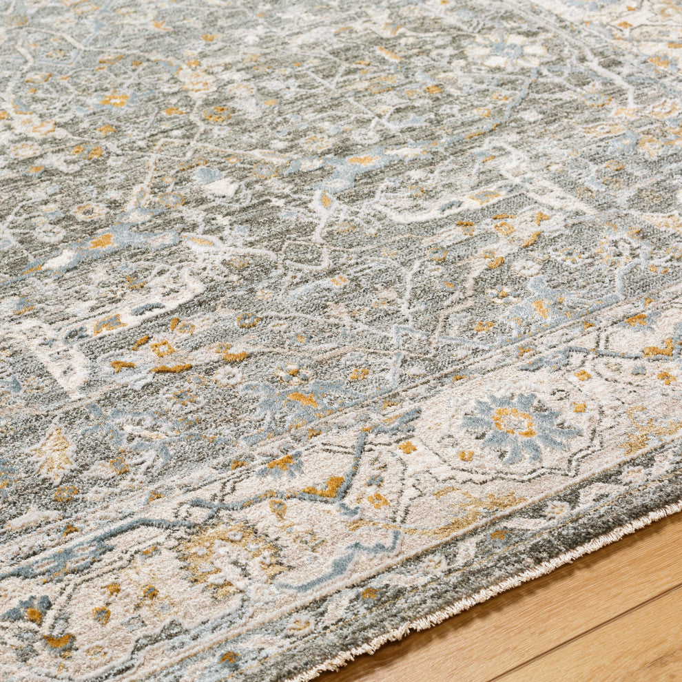 Surya Dresden DRE-2309 Machine Woven Area Rug, Dusty Sage, Taupe, Off-White, Light Gray, Deep Teal, 2'7" X 10'