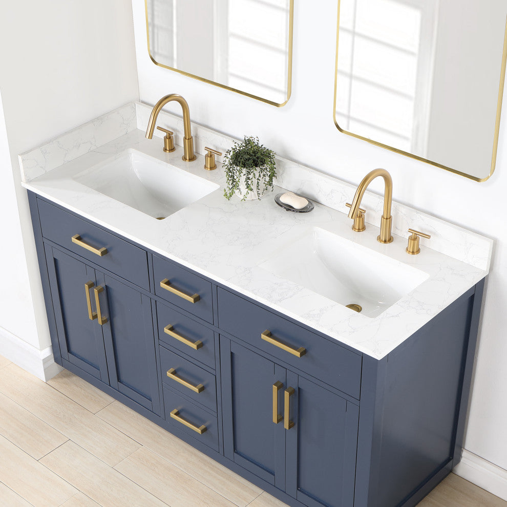 Gavino Vanity With Grain White Composite Stone Top, Royal Blue/Brushed Gold, 60", No Mirror