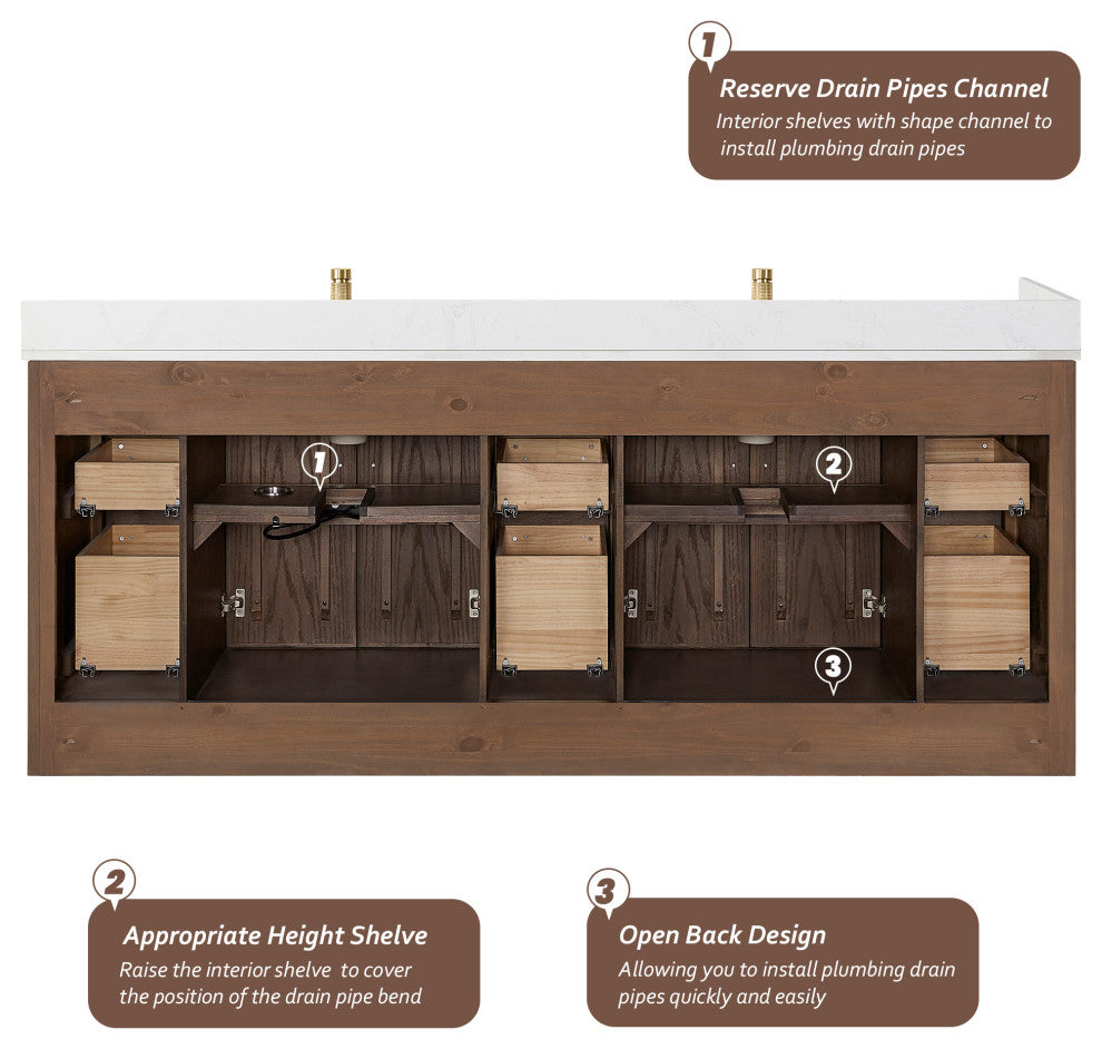 Jakarta Bath Vanity, Quartz Top No Mirror, Dark Brown Oak, 84", Double Vanity