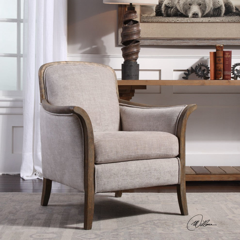 Weathered Exposed Wood Curved Arm Chair, Beige Taupe Living Room