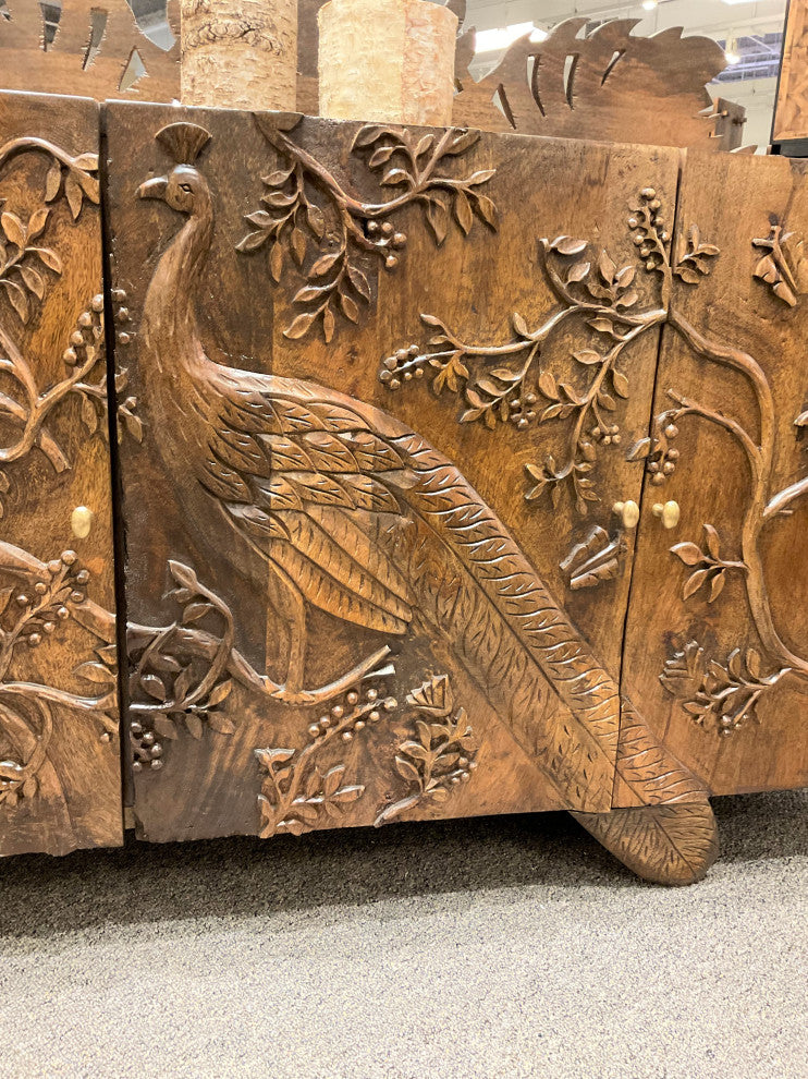 Mother Nature 60" Solid Wood Sideboard Hand Carved Peacock Bird Front Doors