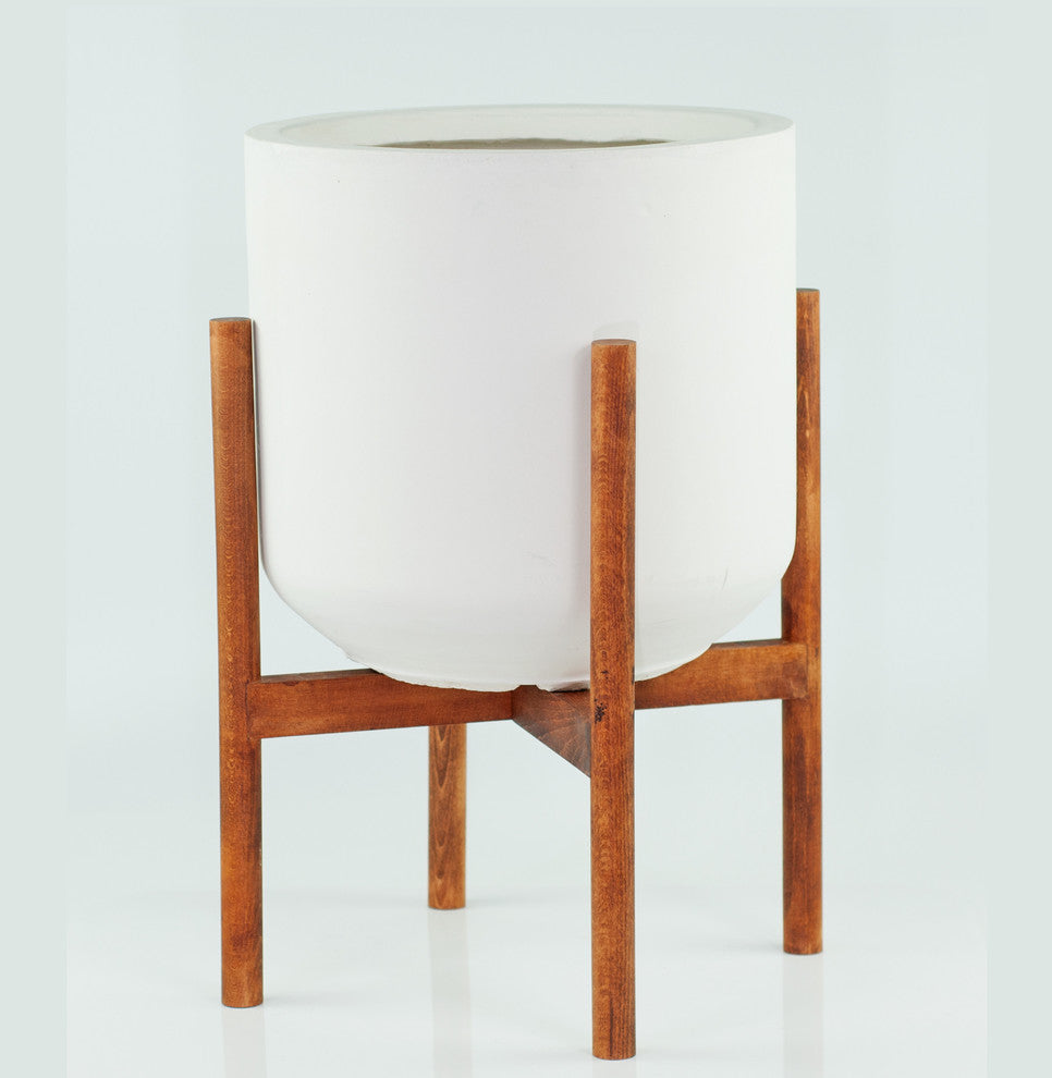 Extra Large Fiber Clay Pot 13'' White With Wood Plant Stand Set Walnut Color