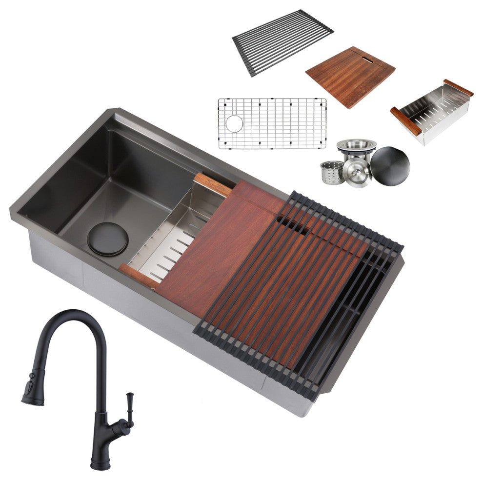Workstation 32" Undermount Single Bowl Black Kitchen Sink With Faucet