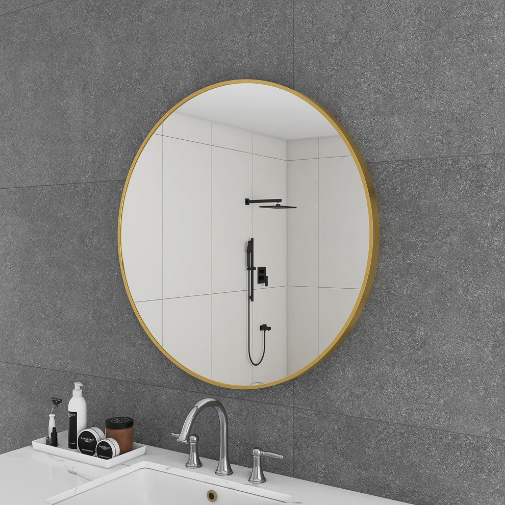 1.57" Wx31.5" H Round Framed Wall Mounted Bathroom Vanity Mirror, Brushed Gold