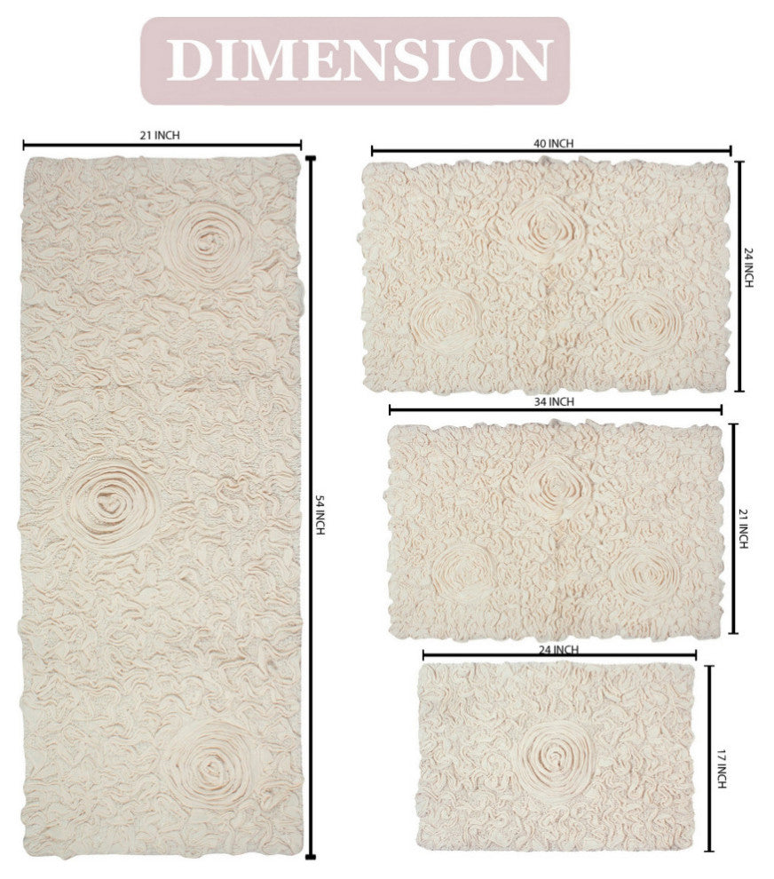Modesto 100% Cotton Tufted Machine Washable Bath Rug 4-Piece Set, Ivory