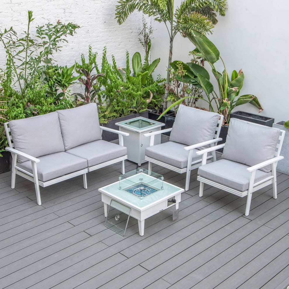 LeisureMod Walbrooke Patio Conversation Set With Fire Pit Table, Light Grey