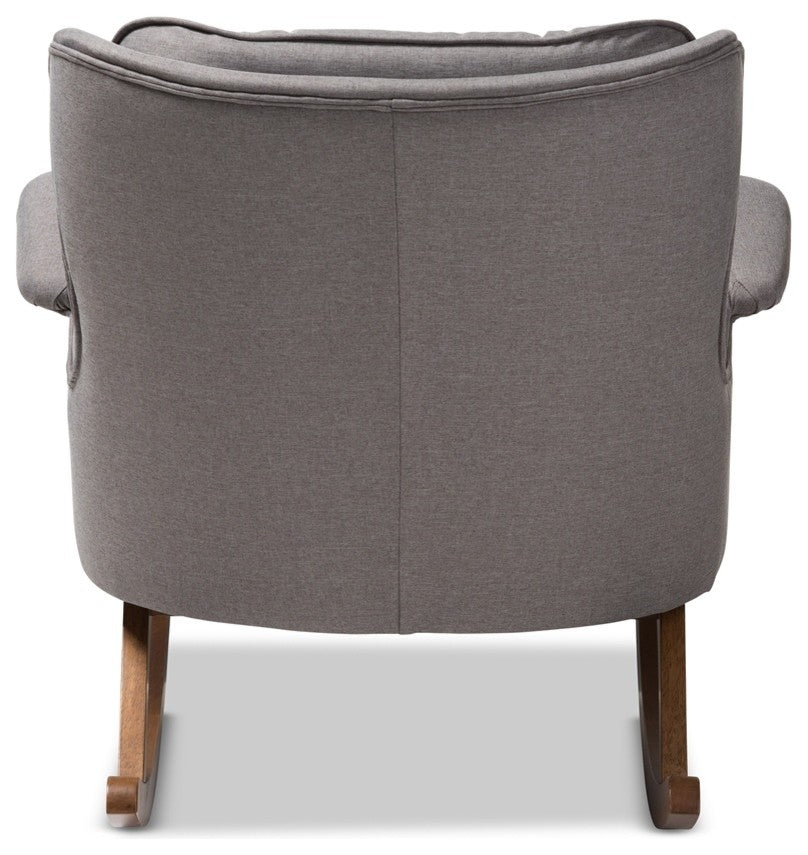 Midcentury Modern Gray Fabric Upholstered Walnut-Finished Rocking Chair