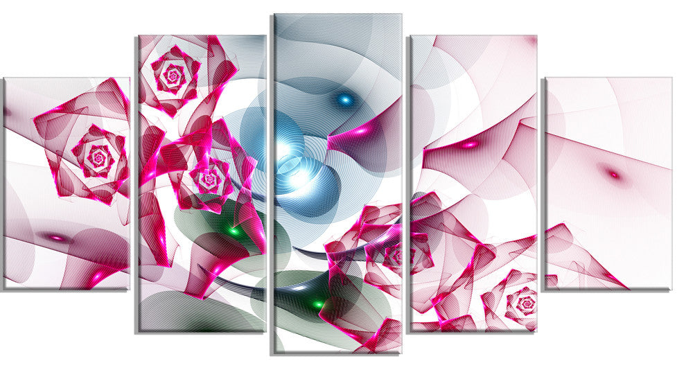 Pink Roses Fractal Design, Contemporary Canvas Art Print, 60"x32", 5 Panels