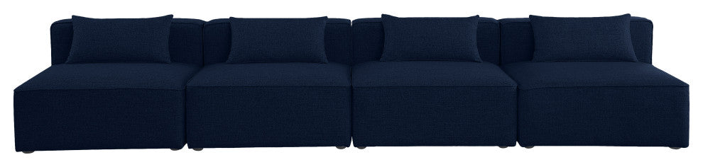Cube Upholstered Modular Sofa, Navy, 4-Piece: 4 Armless Chair, Linen Texured Fabric