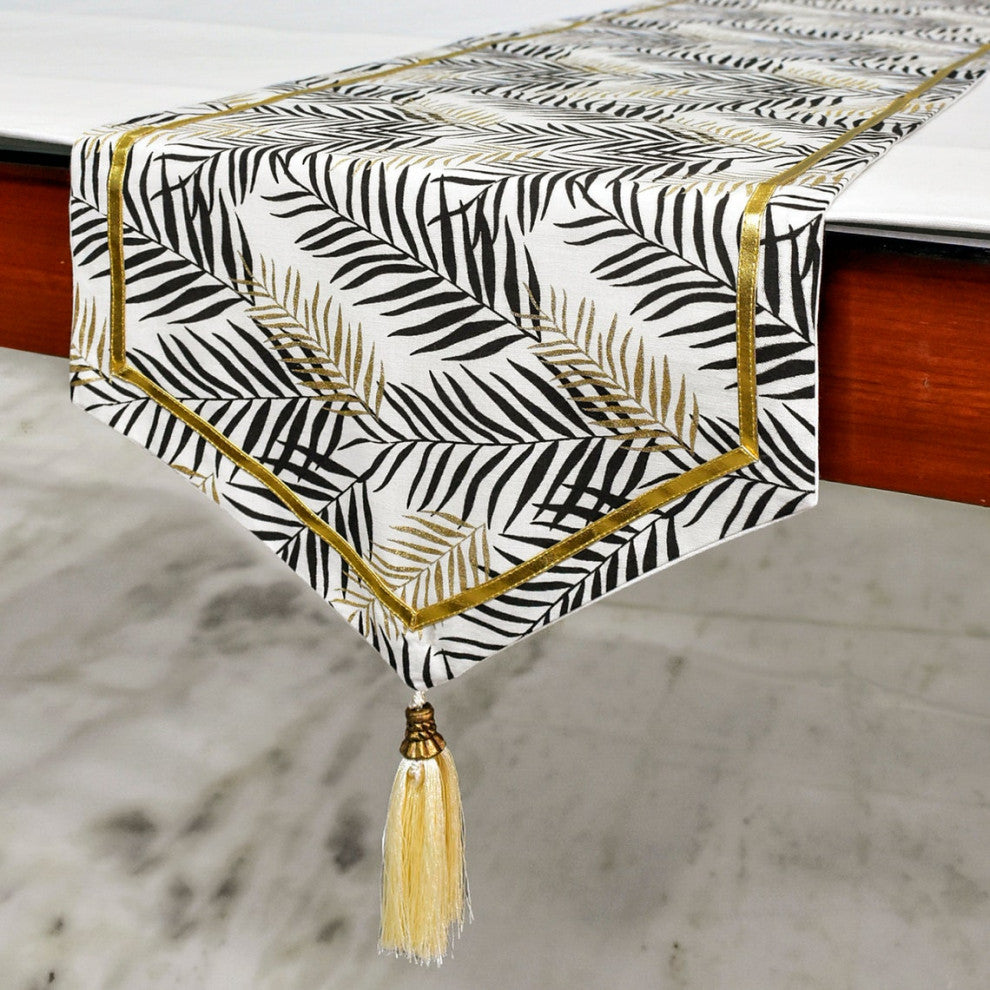 Decorative Table Runner Black Cotton 14"x48", Leaf, Gold Glitter, Tassels- Panra