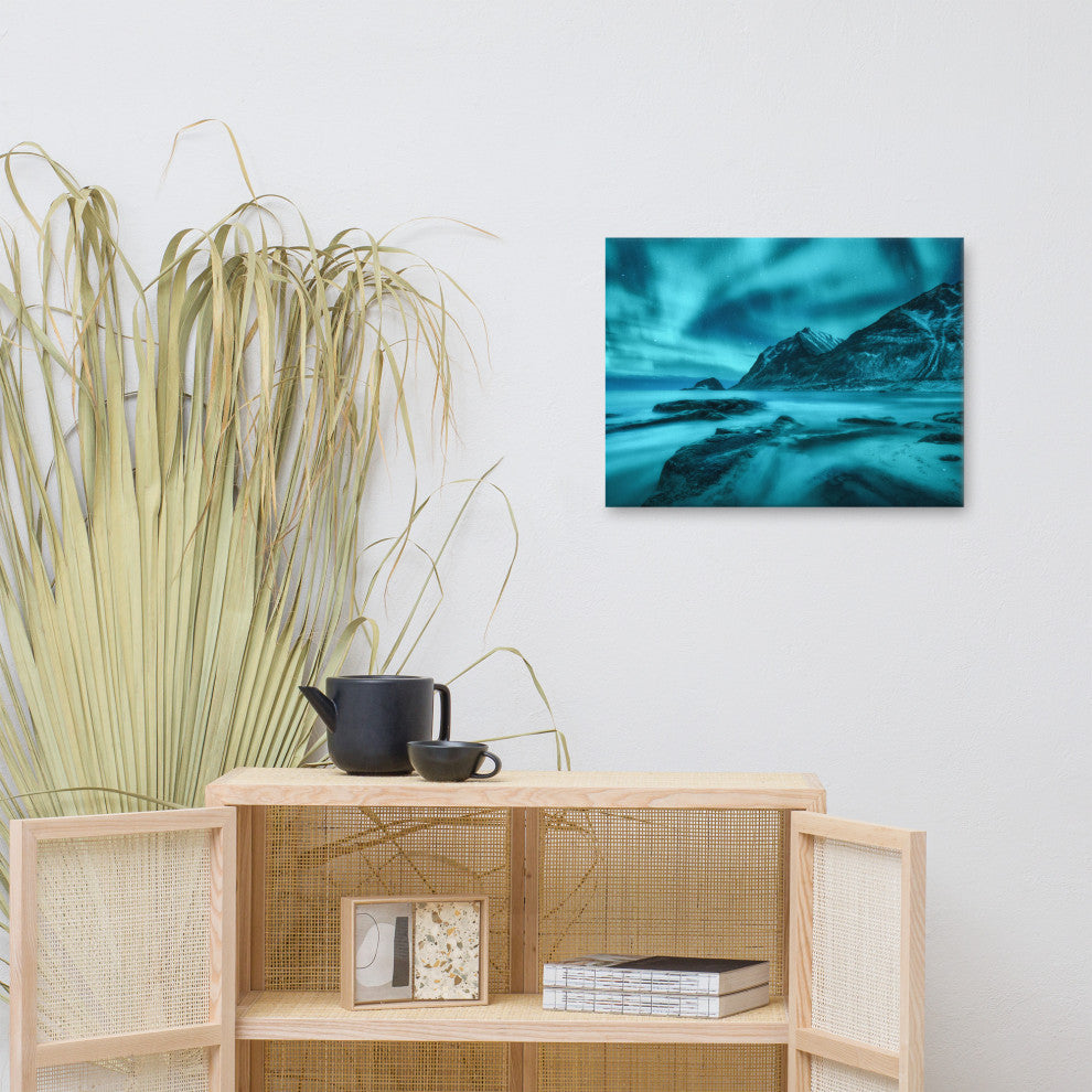Blue Northern Lights and Mountain Coast Landscape Photo Canvas Wall Art Prints, 18" X 24"
