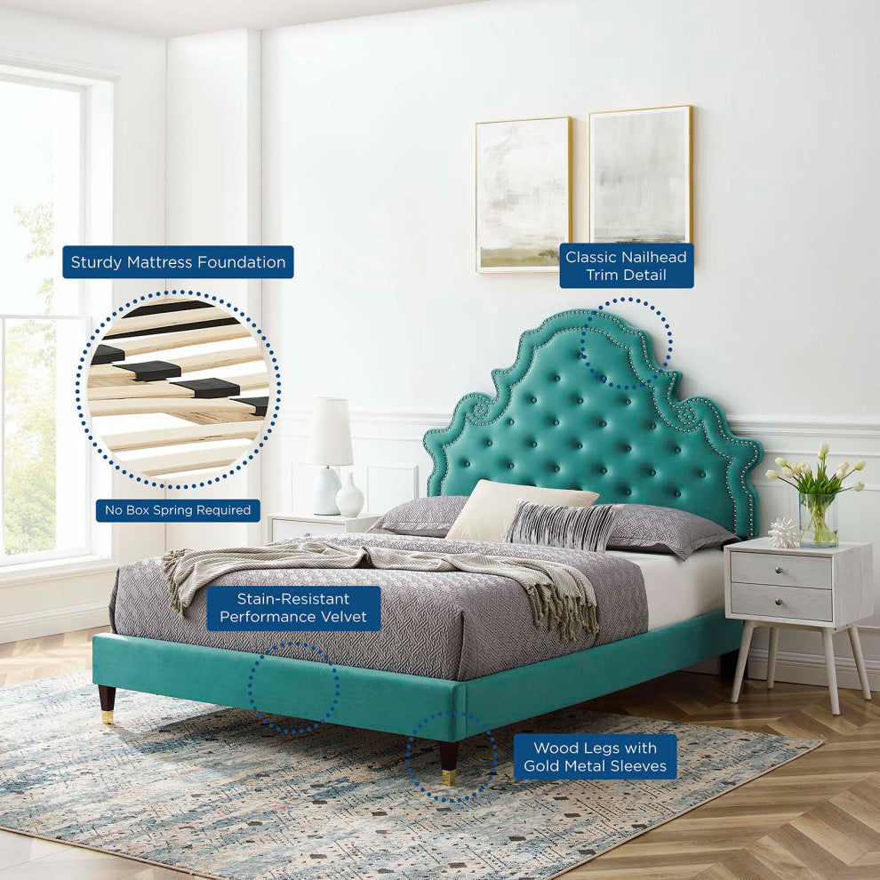 Tufted Platform Bed Frame, Twin Size, Velvet, Teal Blue, Modern Contemporary