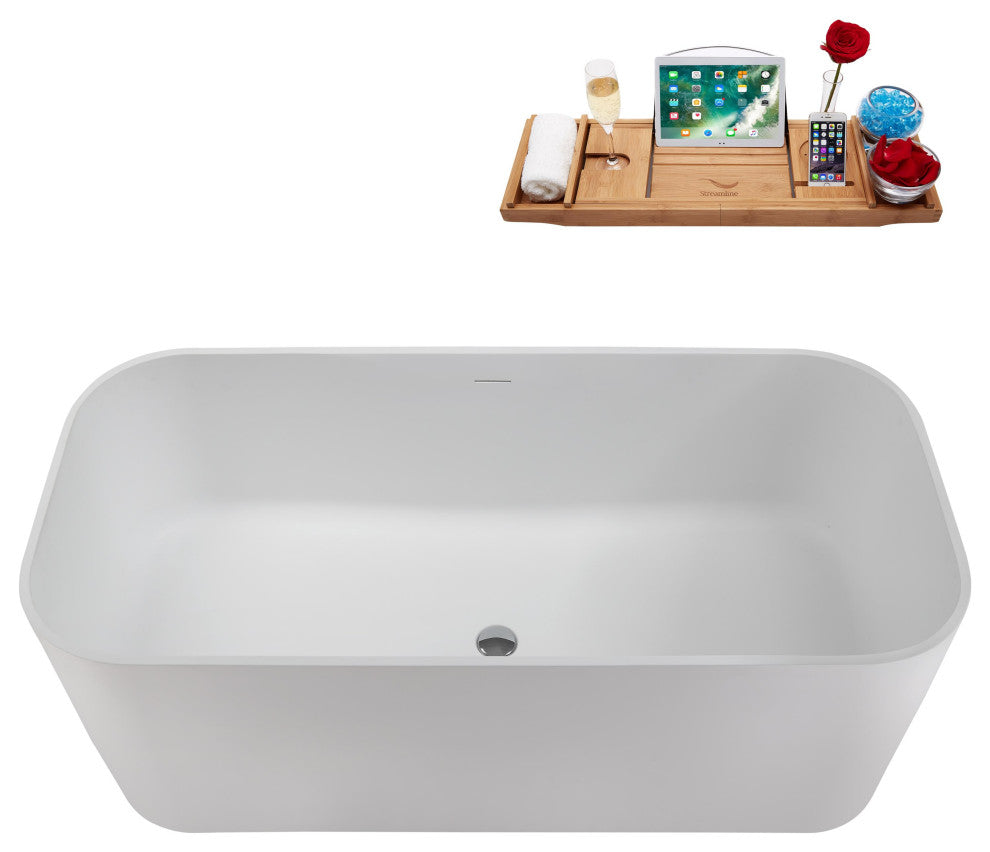 59" Streamline NS5780CH Matte White Stone Resin Bathtub, Tray With Chrome Drain