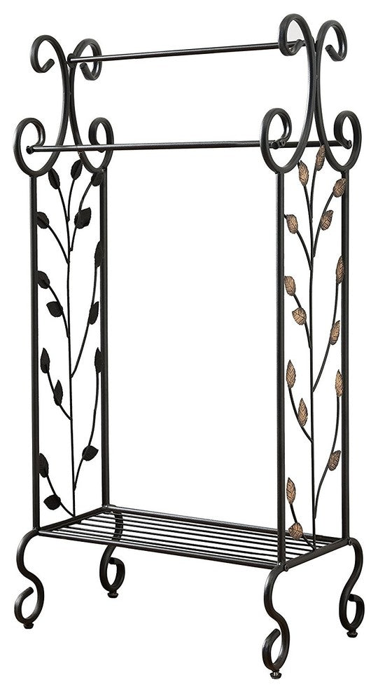 Annabella Metal Towel Rack With Gold Leaf Design, Black