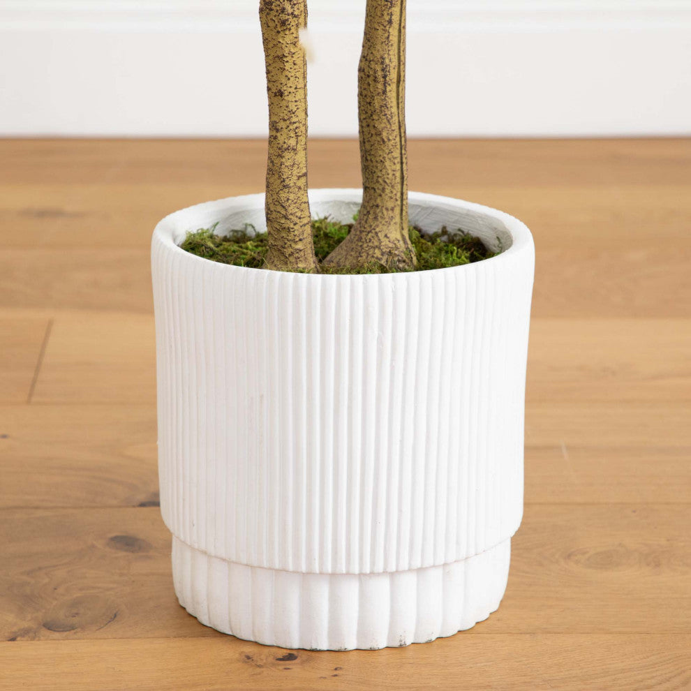Close-up of planter/base with trunk in view on white background.