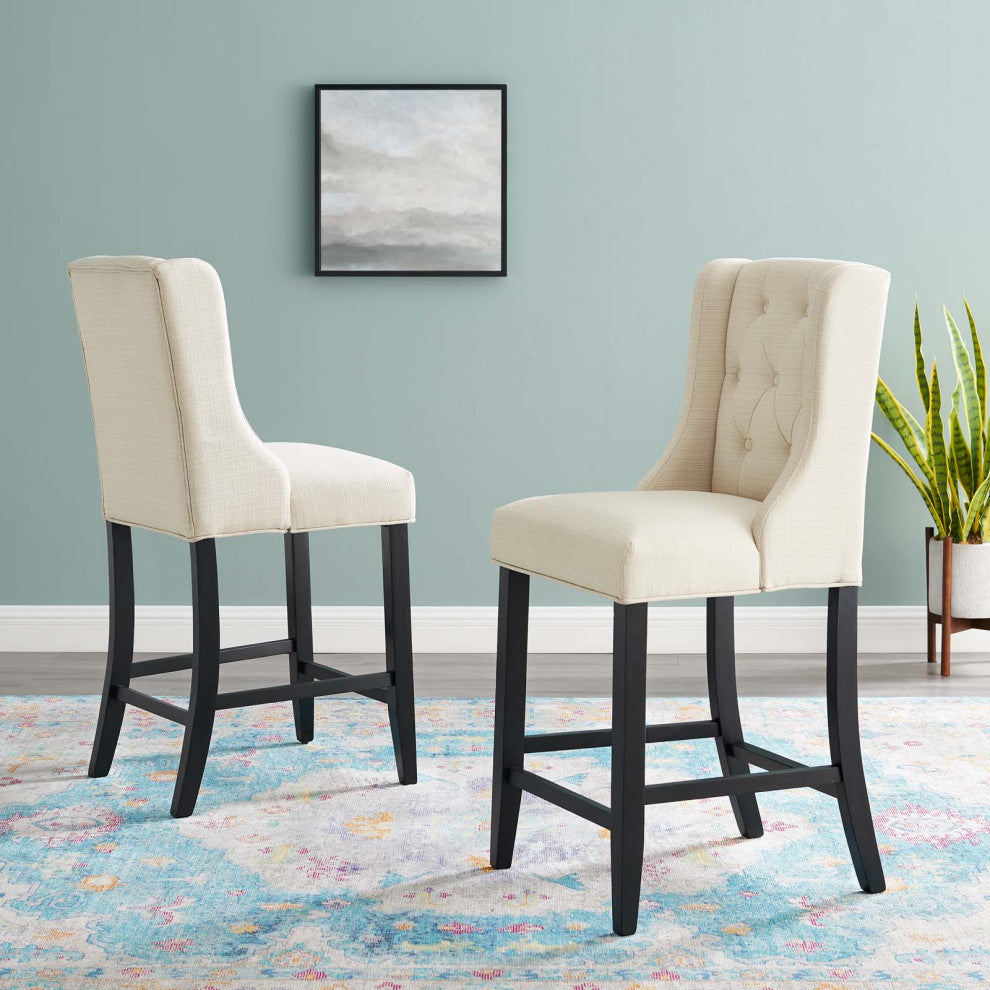 Counter Stool Chair, Set of 2, Fabric, Wood, Beige, Modern, Bar Pub Cafe Bistro