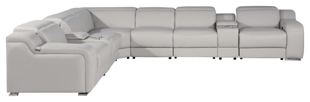 Marco-8-Piece, 4-Power Reclining Italian Leather Sectional, Light Gray