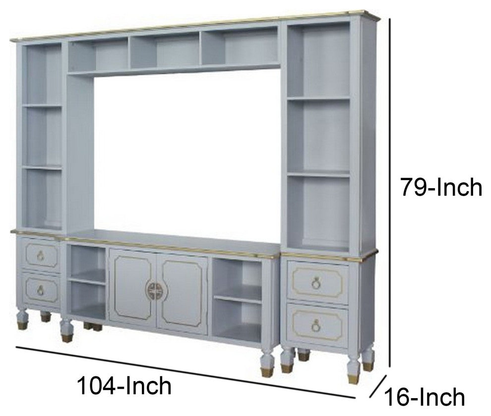 Benzara BM261955 Entertainment Center With Golden Trim Accent/4 Drawers, Gray